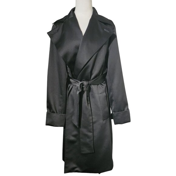 Talbots Womens Black Belted Trench Coat L 100% Polyester Outer Double Breasted D - Picture 1 of 11